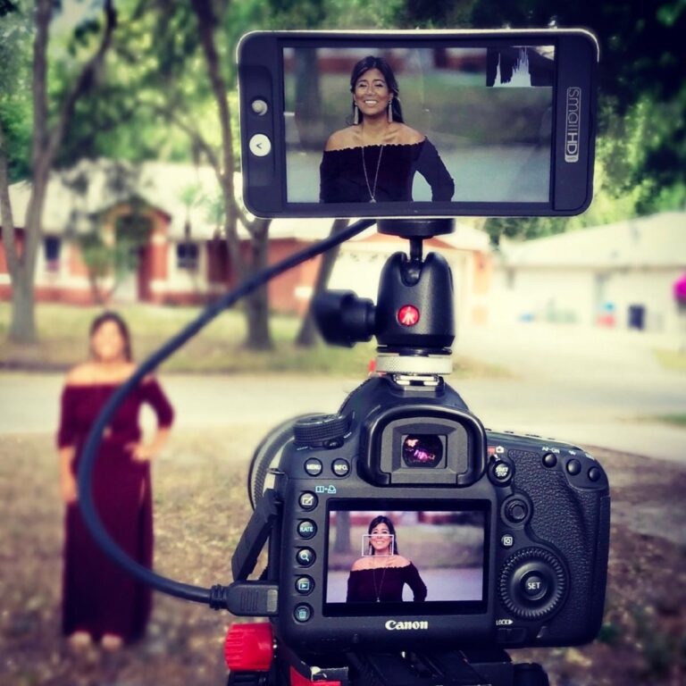 Ivana Shoultz framed on a camera monitor during filming