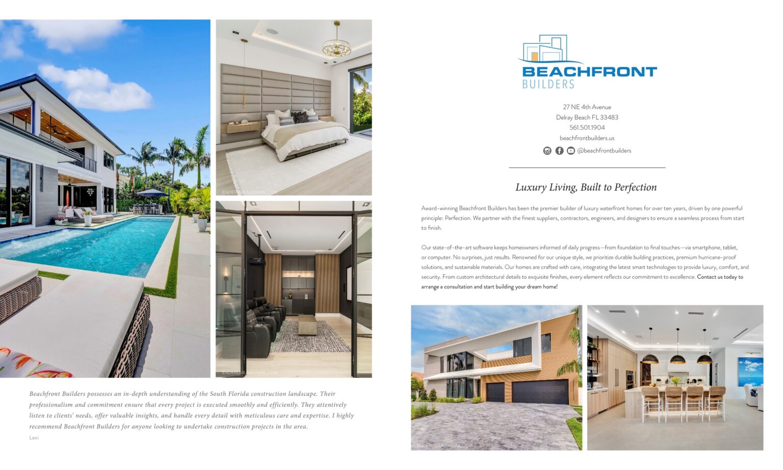 Beachfront Builders advertisement, "Luxury Living, Built to Perfection", with photographs of a waterfront home, bedroom, home theater, driveway and kitchen